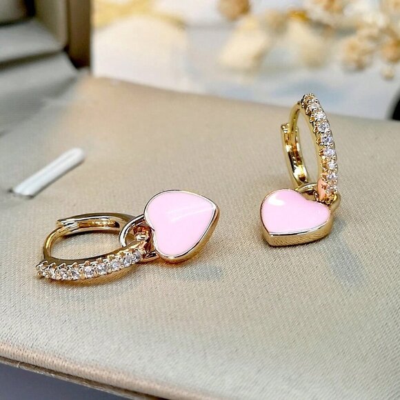 Pink Sexy Women's Cubic Zirconia Decor Heart Drop Earrings Valentines - Picture 2 of 4
